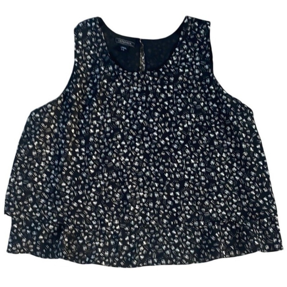 Metaphor Sleeveless Layered Blouse Black White Abstract Print Keyhole Back Large